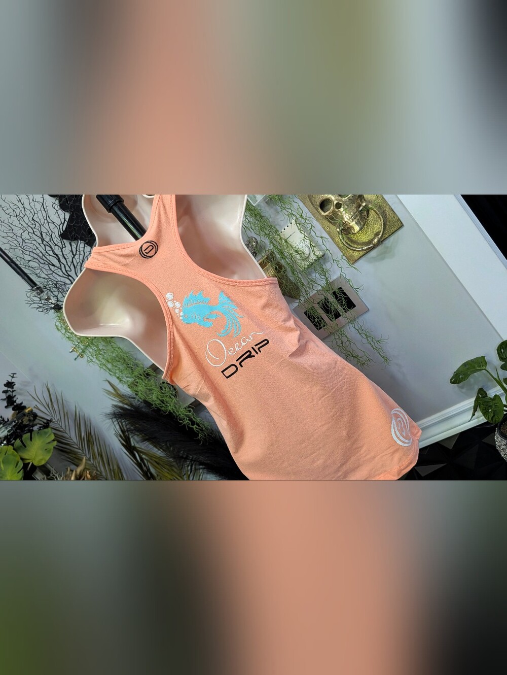 Ocean Drip Coral Fishy Glitter Tank Top MD NEW